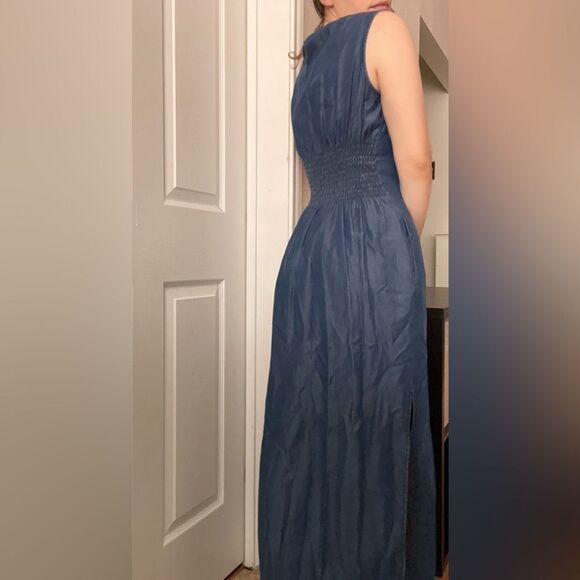 Zara Chambray Maxi Dress Sleeveless High Neck Classic Sz Large Blue Tencel - Picture 3 of 7